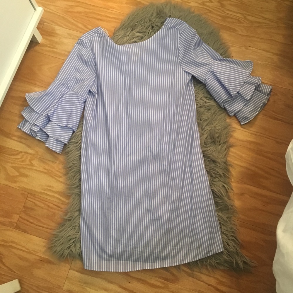 Zara Ruffle Sleeve Blue and Whit Stripped Dress